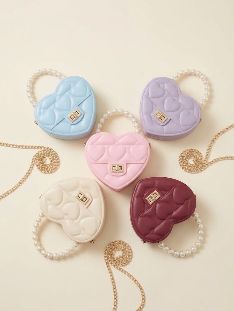 Five quilted heart-shaped bags in blue, lilac, pink, cream and burgundy with pearl handles