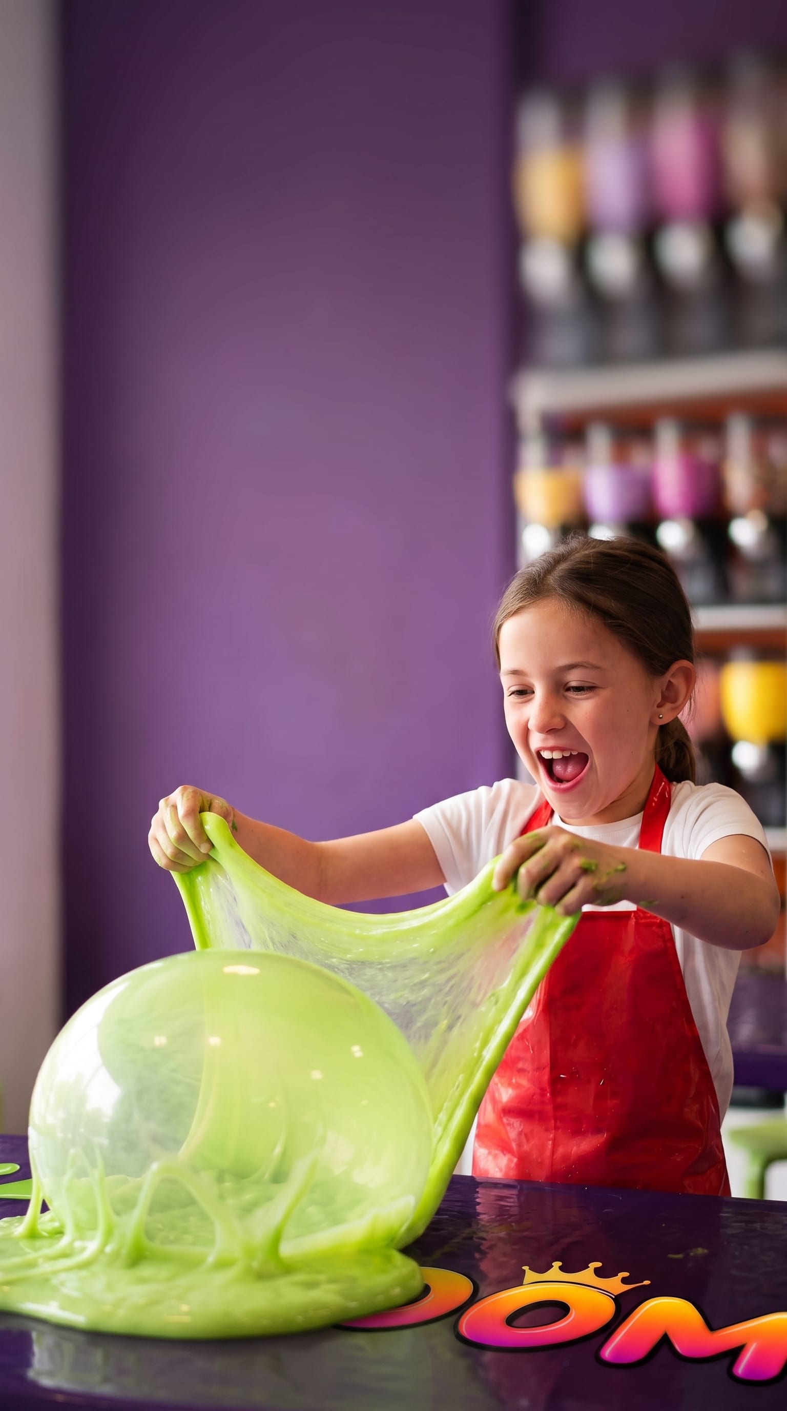 A child in a red apron laughs as a huge green slime bubble balloons up from a purple table