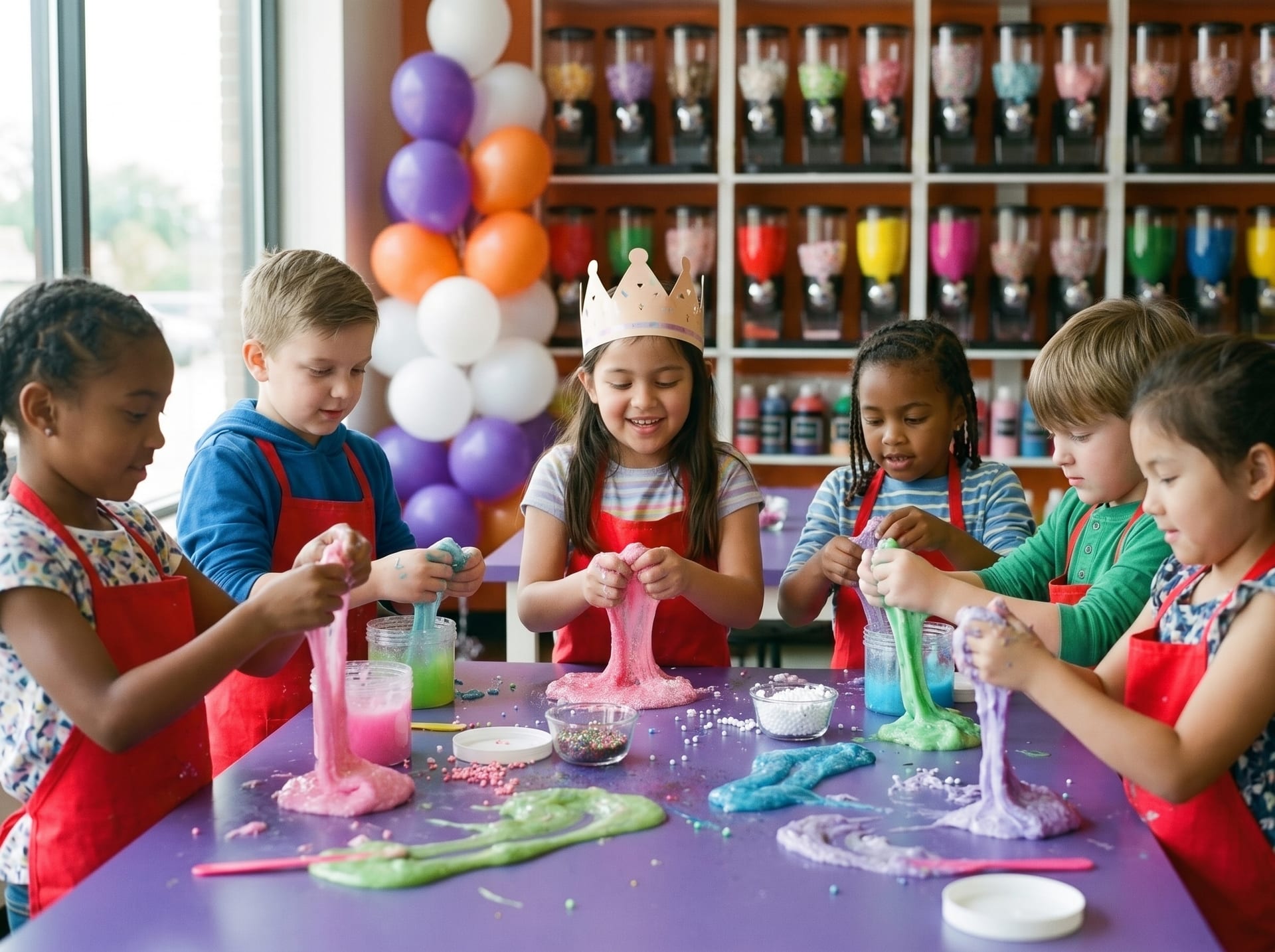 Children in red aprons pull pink and green slime around a purple party table, balloons behind