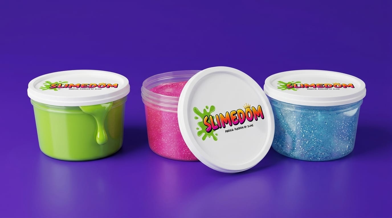Three clear tubs of lime, pink and blue slime with Slimedom lids on a purple background